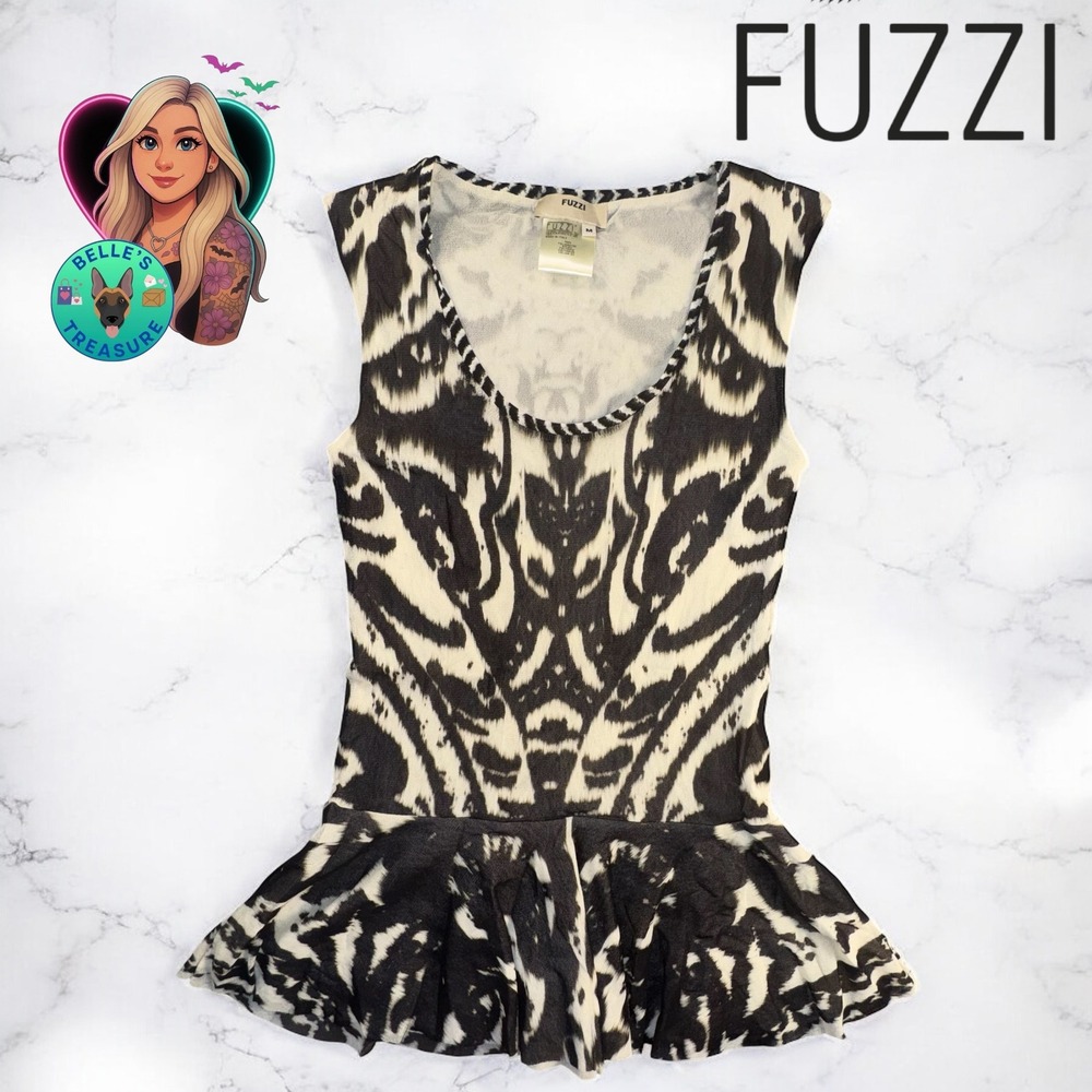 FUZZI Women's Medium Black White Abstract Peplum Tank Top Mesh Made in Italy Y2K
